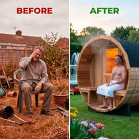 6-Person Patchworkred Cedar Traditional Steam Barrel Sauna — Before & After