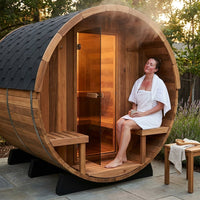 6-Person Patchworkred Cedar Traditional Steam Barrel Sauna — Lifestyle