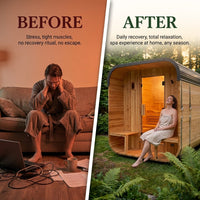 Lennon 2-4 Person Traditional Cedar Outdoor Cube Sauna with Porch, Electric Sauna Heater, Sauna Rocks, Dry Heat, Steam Sauna, LED Lights, Wi-Fi Control, Sauna Accessories — Before & After