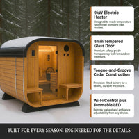 Lennon 2-4 Person Traditional Cedar Outdoor Cube Sauna with Porch, Electric Sauna Heater, Sauna Rocks, Dry Heat, Steam Sauna, LED Lights, Wi-Fi Control, Sauna Accessories — Results & Stats