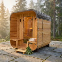 Lennon 2-4 Person Traditional Cedar Outdoor Cube Sauna with Porch, Electric Sauna Heater, Sauna Rocks, Dry Heat, Steam Sauna, LED Lights, Wi-Fi Control, Sauna Accessories — Studio Shot
