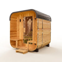Lennon 2-4 Person Traditional Cedar Outdoor Cube Sauna with Porch, Electric Sauna Heater, Sauna Rocks, Dry Heat, Steam Sauna, LED Lights, Wi-Fi Control, Sauna Accessories — Studio Shot