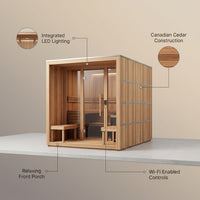 Lennon 2-4 Person Traditional Cedar Outdoor Cube Sauna with Porch, Electric Sauna Heater, Sauna Rocks, Dry Heat, Steam Sauna, LED Lights, Wi-Fi Control, Sauna Accessories — infographic