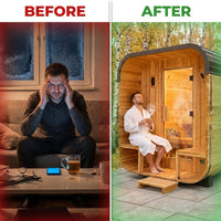 Traditional Cedar Sauna Built for Outdoor Use, 2-4 Person Capacity, Electric 9kW Heater, Wi-Fi Control — Before & After
