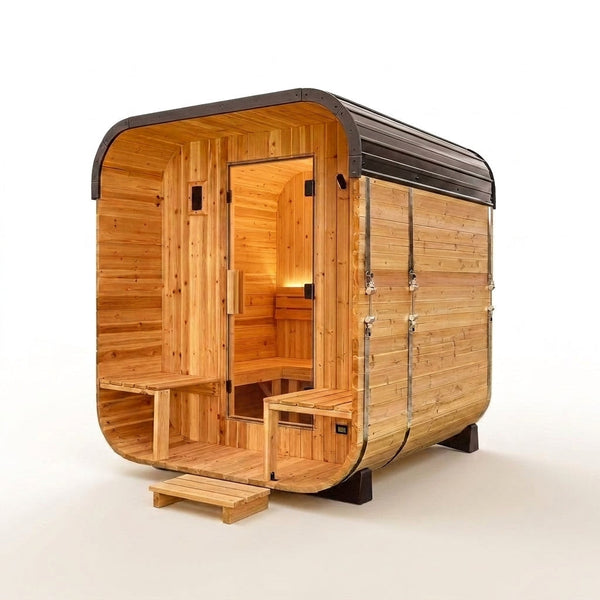 Traditional Cedar Sauna Built for Outdoor Use, 2-4 Person Capacity, Electric 9kW Heater, Wi-Fi Control — Studio Shot