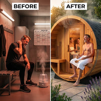 Traditional Steam Barrel Sauna Built for 6 People, Patchwork Red Cedar, 1800mm Diameter, Exterior Benches — Before & After