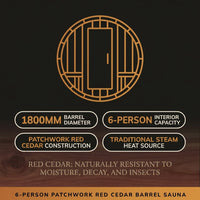 Traditional Steam Barrel Sauna Built for 6 People, Patchwork Red Cedar, 1800mm Diameter, Exterior Benches — Results & Stats