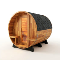 Traditional Steam Barrel Sauna Built for 6 People, Patchwork Red Cedar, 1800mm Diameter, Exterior Benches — Studio Shot