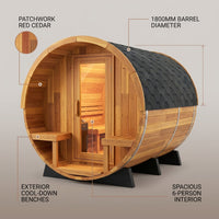 Traditional Steam Barrel Sauna Built for 6 People, Patchwork Red Cedar, 1800mm Diameter, Exterior Benches — infographic