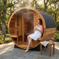 Traditional Steam Barrel Sauna Built for 6 People, Patchwork Red Cedar, 1800mm Diameter, Exterior Benches — Lifestyle