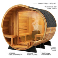 Traditional Steam Barrel Sauna Built for 6 People, Patchwork Red Cedar, 1800mm Diameter, Exterior Benches — How It Works
