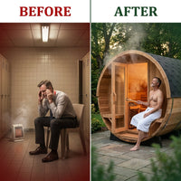 Traditional Steam Barrel Sauna Designed for 6 People, Patchwork Red Cedar, 1800mm Diameter, Exterior Benches — Before & After