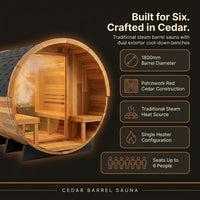 Traditional Steam Barrel Sauna Designed for 6 People, Patchwork Red Cedar, 1800mm Diameter, Exterior Benches — Results & Stats