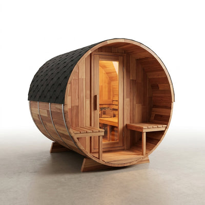 Traditional Steam Barrel Sauna Designed for Home Wellness, 1800mm Diameter, Patchwork Red Cedar, 6 Person Capacity