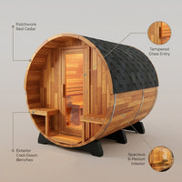 Traditional Steam Barrel Sauna Designed for 6 People, Patchwork Red Cedar, 1800mm Diameter, Exterior Benches — infographic