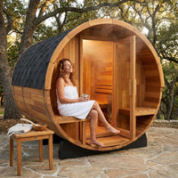 Traditional Steam Barrel Sauna Designed for 6 People, Patchwork Red Cedar, 1800mm Diameter, Exterior Benches — Lifestyle