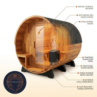 Traditional Steam Barrel Sauna Designed for 6 People, Patchwork Red Cedar, 1800mm Diameter, Exterior Benches — How It Works