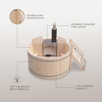 Wood Fired 4-Person to 5-Person 0-Jet Hot Tub and Ice Bath with Internal Stove Pine — infographic