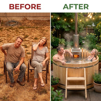 Wood Fired Hot Tub Designed for Dual Temperature Therapy, Pine Construction, Internal Stove, 4-5 Person Capacity — Before & After