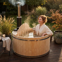 Wood Fired Hot Tub Designed for Dual Temperature Therapy, Pine Construction, Internal Stove, 4-5 Person Capacity — Lifestyle
